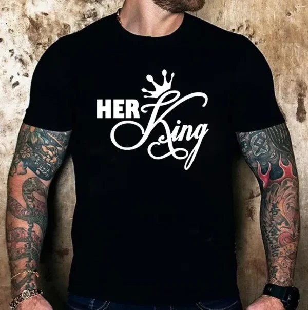 Valentine Day Simple Fashion Letter Crown Print Round Neck Short Sleeve Couple T-Shirt - Image 4