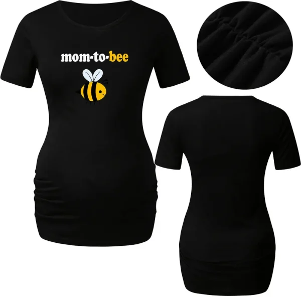 Valentine Day Pregnant Women Cartoon Cute Bee Print Round Neck Short Sleeve Couple T-Shirt - Image 2
