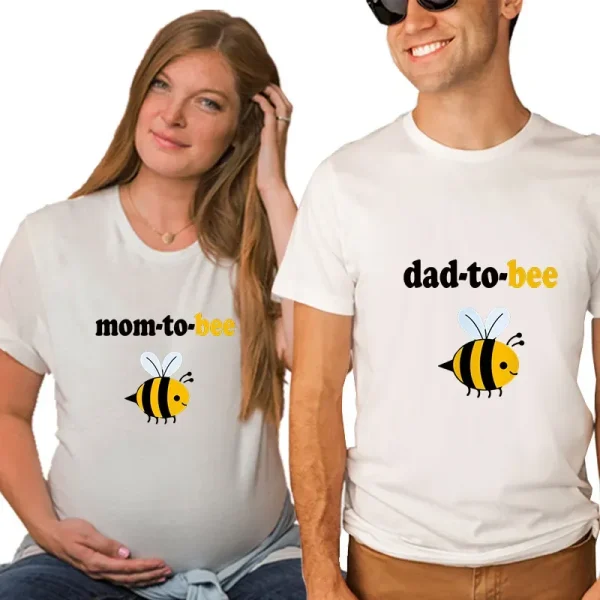 Valentine Day Pregnant Women Cartoon Cute Bee Print Round Neck Short Sleeve Couple T-Shirt - Image 6