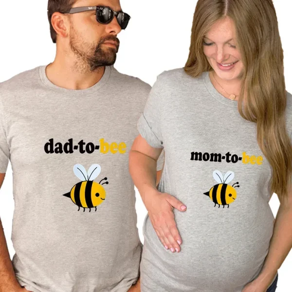 Valentine Day Pregnant Women Cartoon Cute Bee Print Round Neck Short Sleeve Couple T-Shirt - Image 7