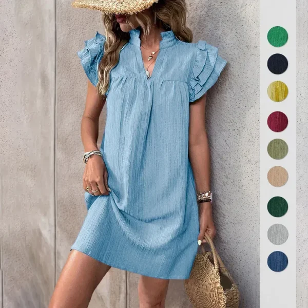 Summer Women Fashion Solid Color Stand Collar Short Sleeve Dress - Image 2