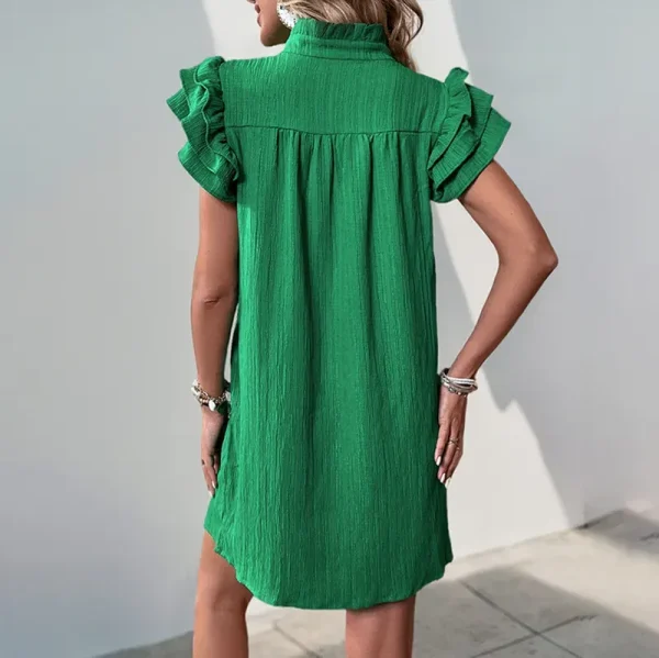 Summer Women Fashion Solid Color Stand Collar Short Sleeve Dress - Image 3