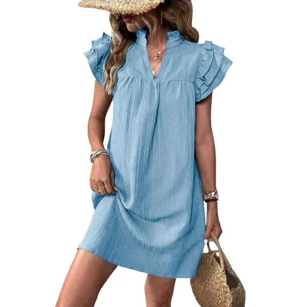 Summer Women Fashion Solid Color Stand Collar Short Sleeve Dress - Image 4