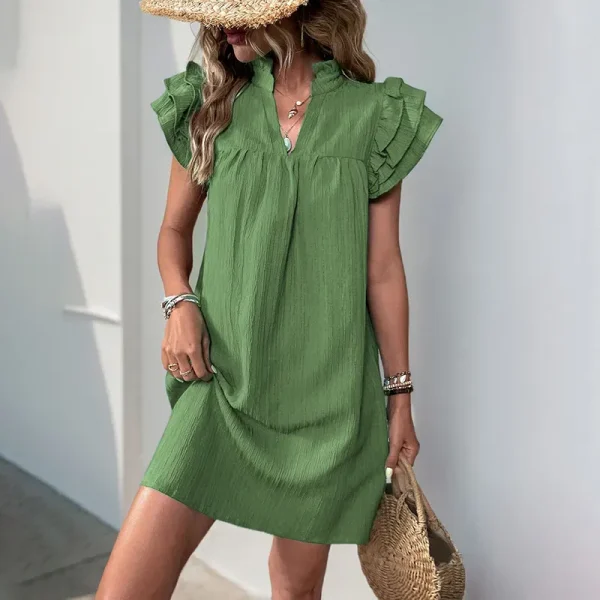 Summer Women Fashion Solid Color Stand Collar Short Sleeve Dress - Image 8